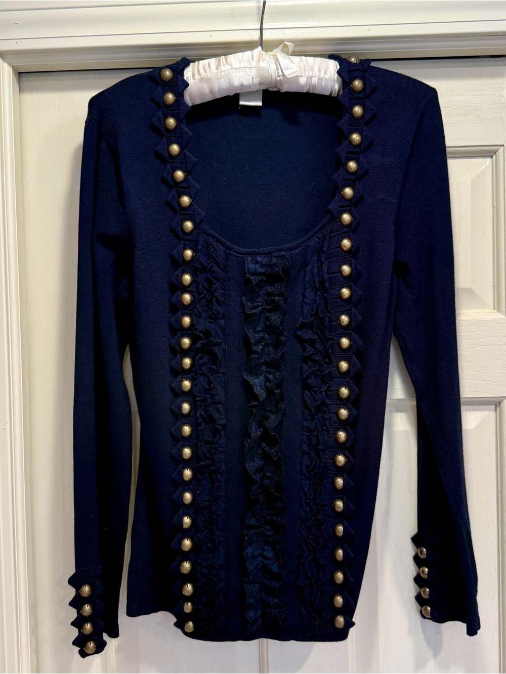 Navy Ruffle Front Sweater with Brass Buttons